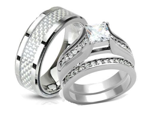 His And Hers Wedding Band Sets
 His and Hers Wedding Rings Stainless Steel Princess Cut CZ