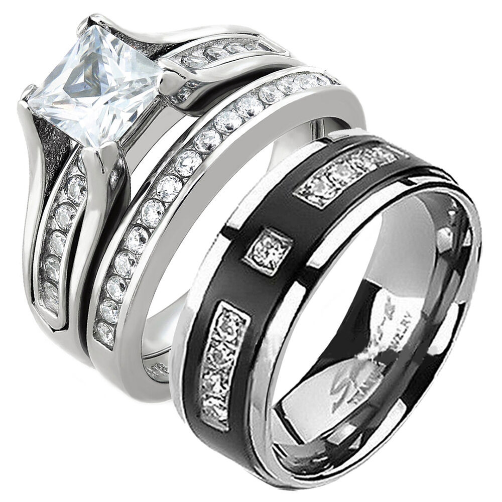 His And Hers Wedding Bands Sets
 His and Hers Stainless Steel Princess Cut Wedding Ring Set