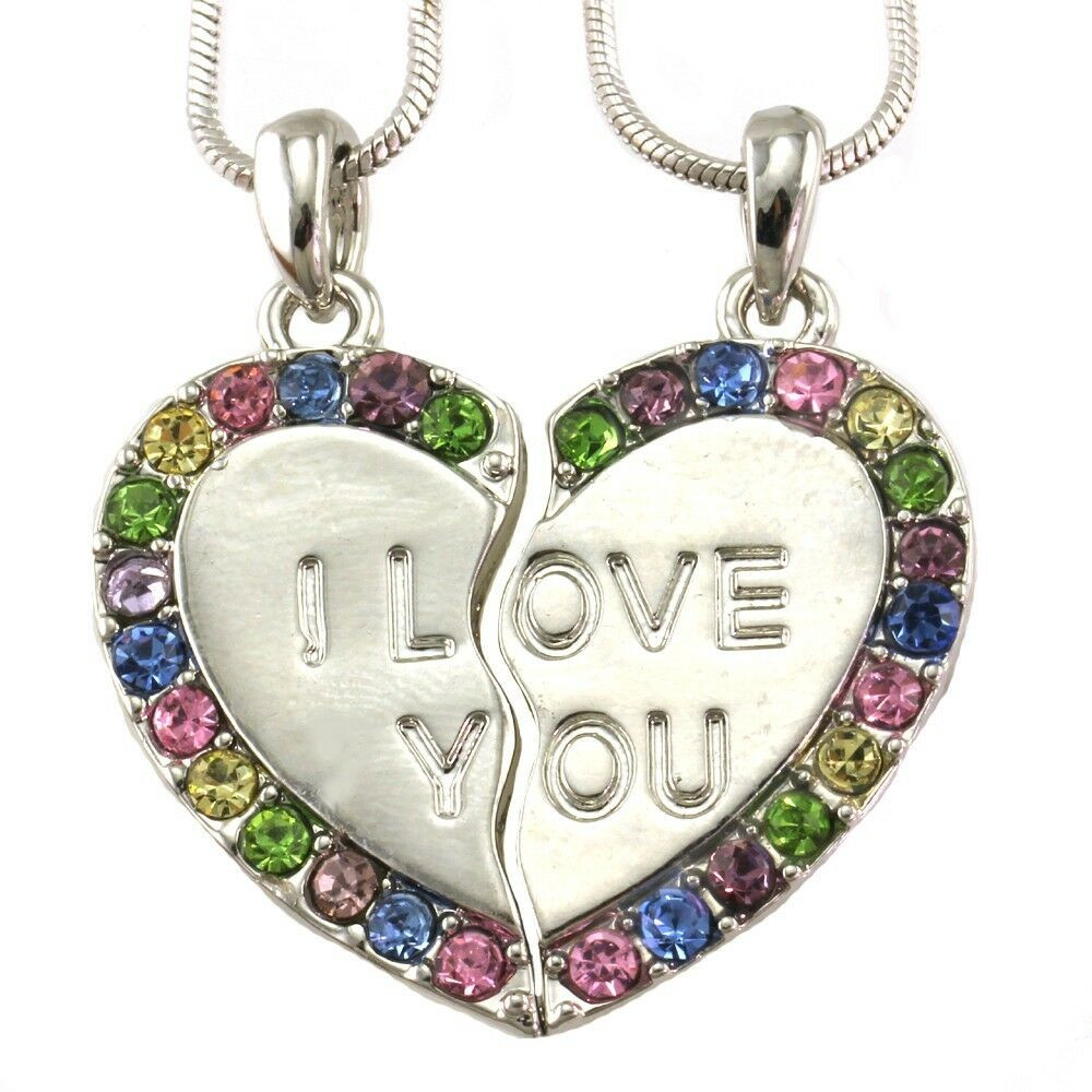I Love You Necklace For Girlfriend
 I Love You Heart Two Pendant Necklace Multicolor Crystal