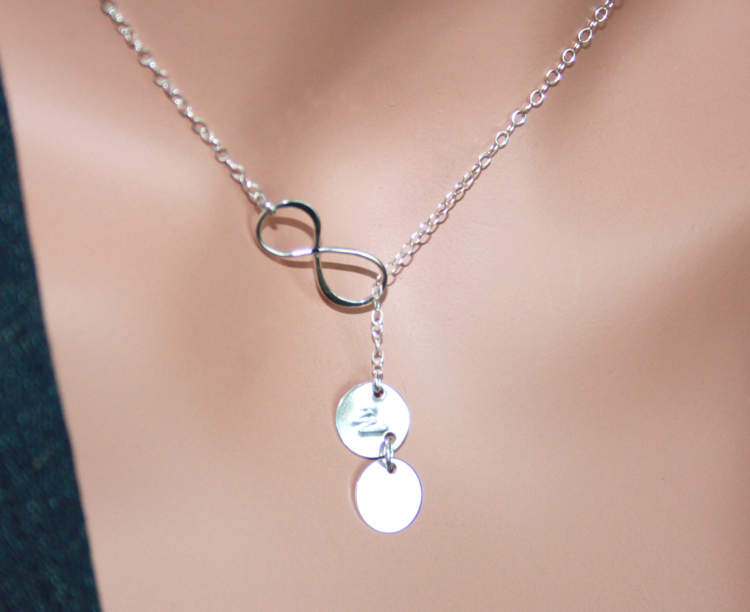 Infinity Lariat Necklace
 Infinity lariat Y Necklace with Two initial discs Sterling