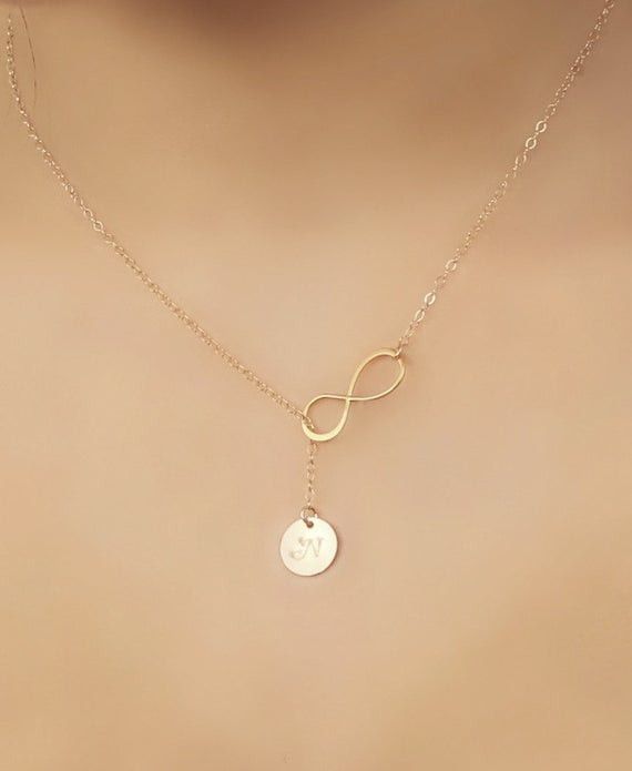 Infinity Lariat Necklace
 Infinity lariat Necklace with custom stamped initial disc