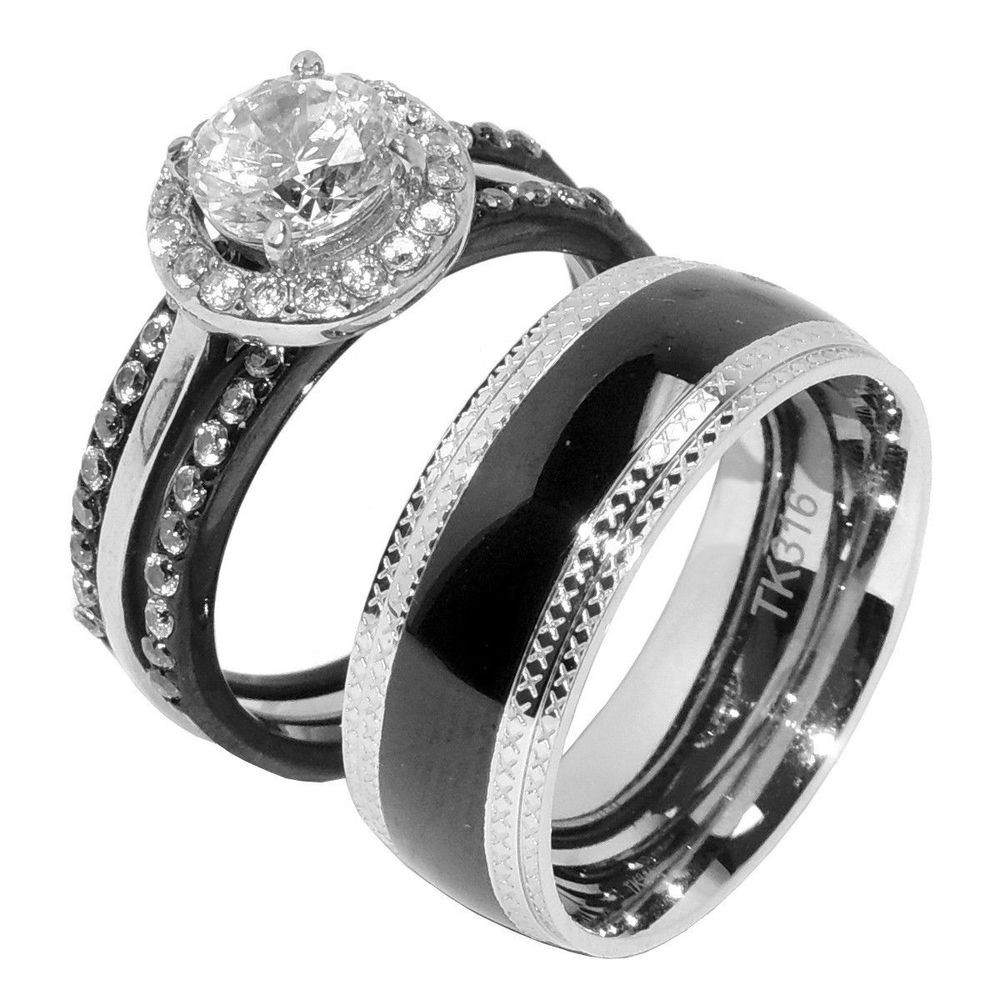 Matching Wedding Rings
 4 PCS Couple Rings Women Stainless Steel CZ Wedding Ring