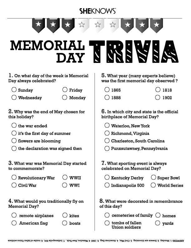 Memorial Day Activities For Seniors
 Memorial Day trivia Free Printable Coloring Pages