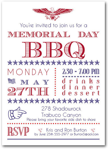 Memorial Day Party Invitation
 Memorial Day Patriotic BBQ Party Invitations