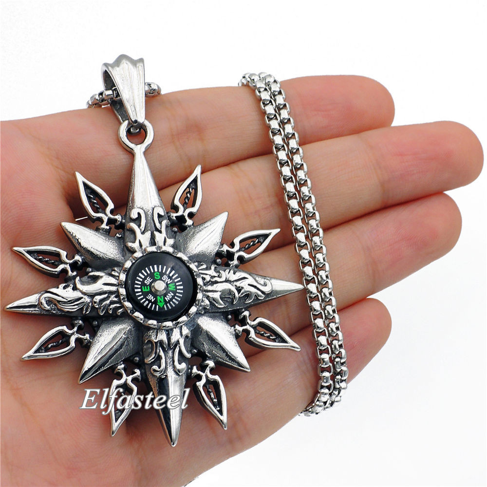 Mens Compass Necklace
 Vintage Mens 16 Pointed Star pass Stainless Steel