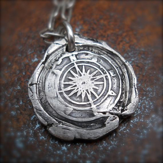 Mens Compass Necklace
 Mens Silver pass Wax Seal Pendant Nautical Travelers