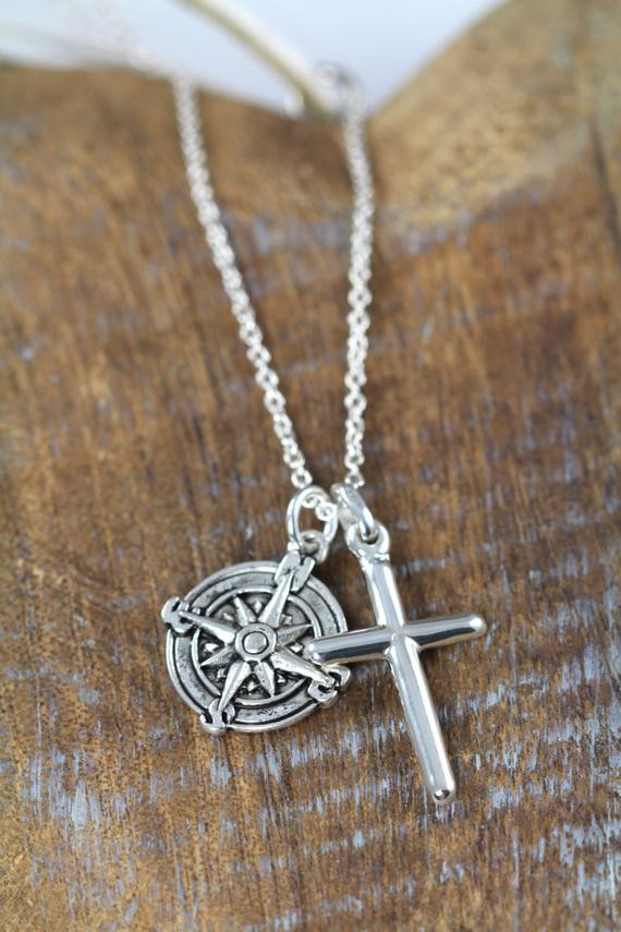 Mens Compass Necklace
 pass Cross Necklace For Him Cross pass Pendant for Men