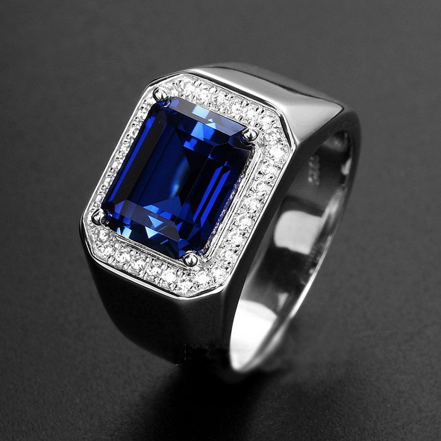 Mens Rings With Diamonds
 Mens Sapphire Ring with Side Diamonds Blue Corundum 925