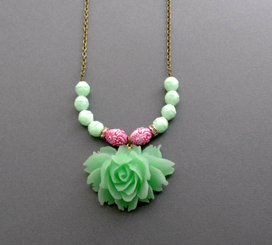 Mint Green Necklace
 SALE Green Rose Necklace Mint Green Flower by
