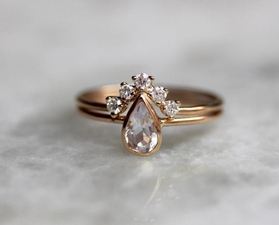 Moonstone Wedding Ring Sets
 14K Moonstone Pear Engagement Ring Set Bridal Set Diamond