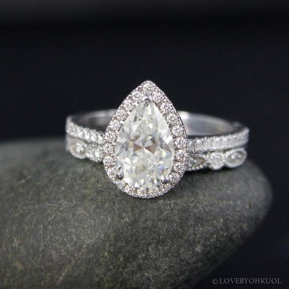 Pear Shaped Diamond Engagement Rings
 Forever e White Gold Vintage Pear Cut Moissanite Halo