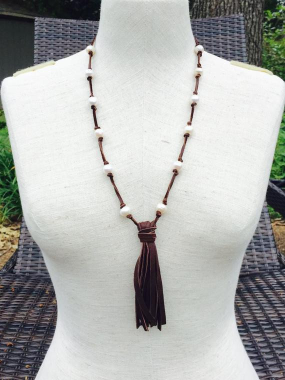Pearl Tassel Necklace
 Pearls and Leather Tassel Necklace Leather and by