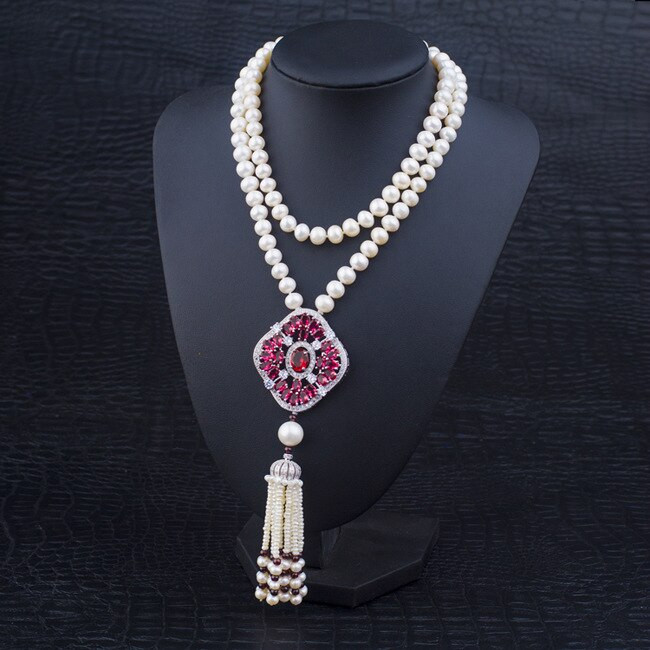 Pearl Tassel Necklace
 Red Crystal Pendant Necklace Autumn Sweater Long Necklace