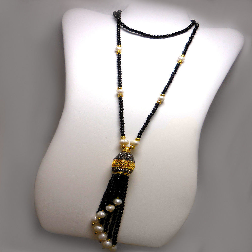 Pearl Tassel Necklace
 Black and White Pearl Tassel Lariat 30" Necklace 925 pure