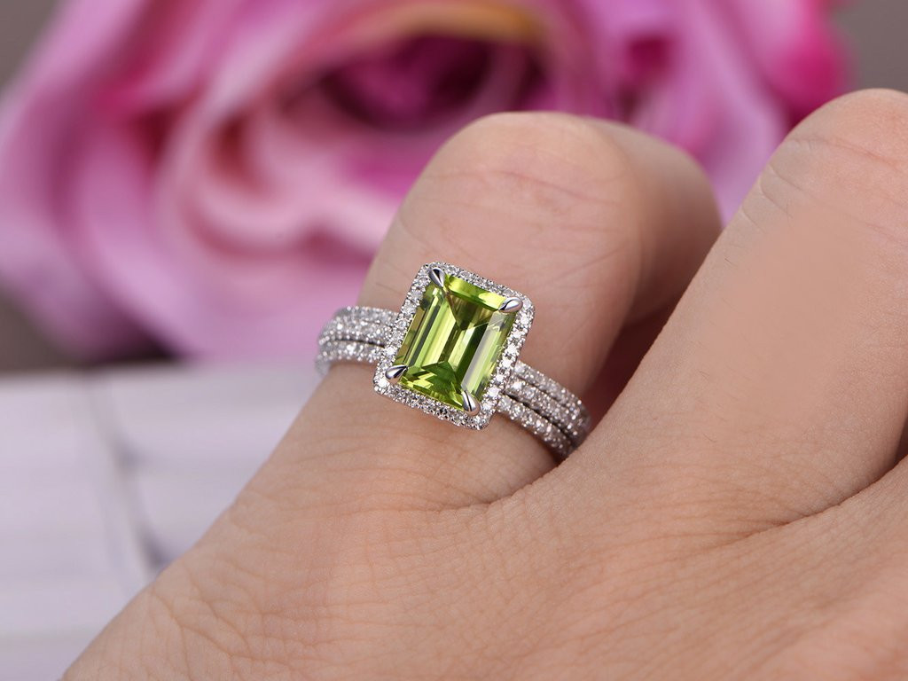 Peridot Wedding Rings
 $998 Emerald Cut Peridot Engagement Ring Bridal Trio Sets