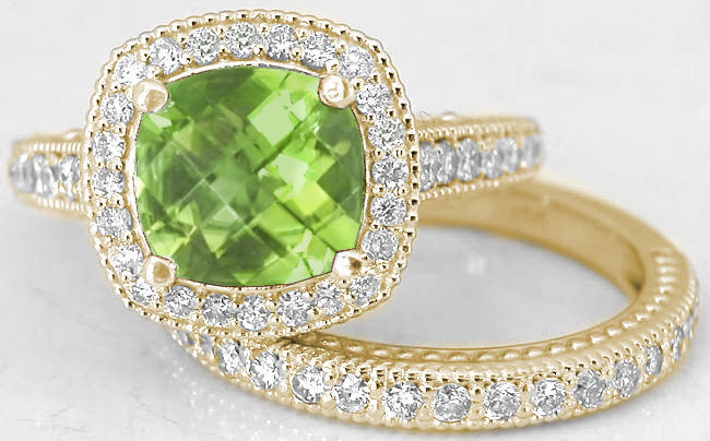 Peridot Wedding Rings
 Cushion Cut Peridot Engagement Ring and Matching Diamond