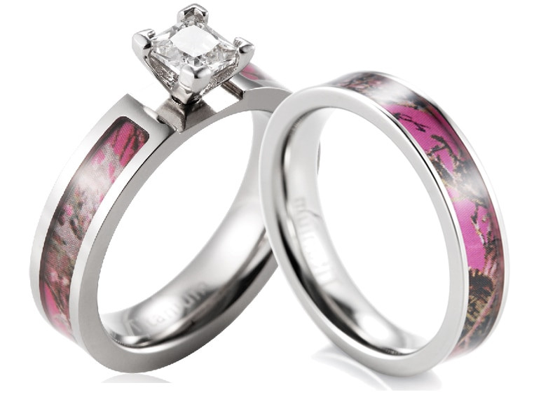 Pink Camo Wedding Ring Sets
 SHARDON Rose Pink Camo Ring Set Women Titanium 4 Prong