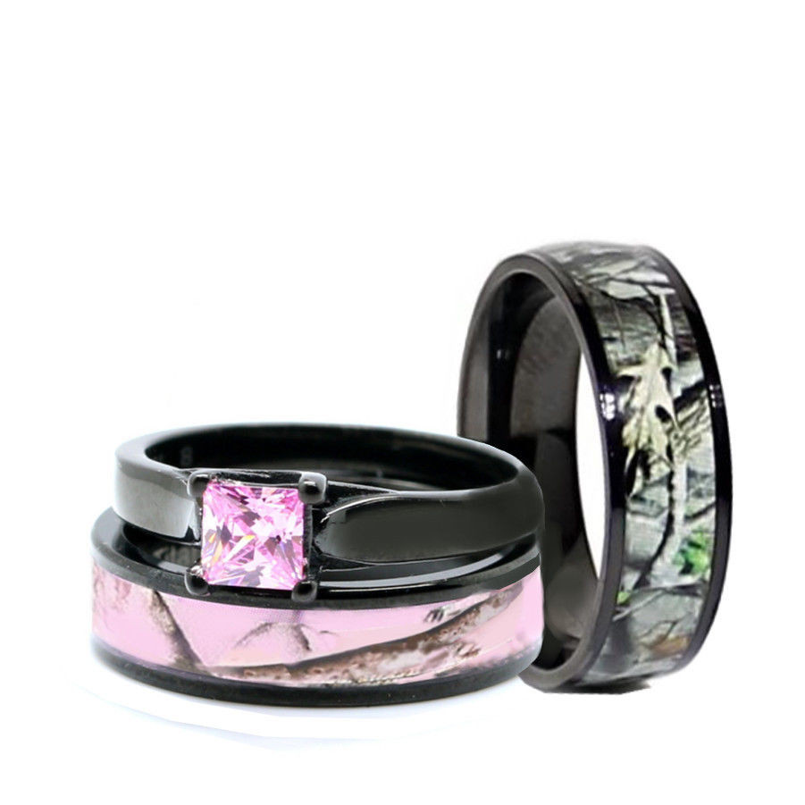 Pink Camo Wedding Ring Sets
 HIS Black Camo Band HER Pink Titanium Engagement Wedding