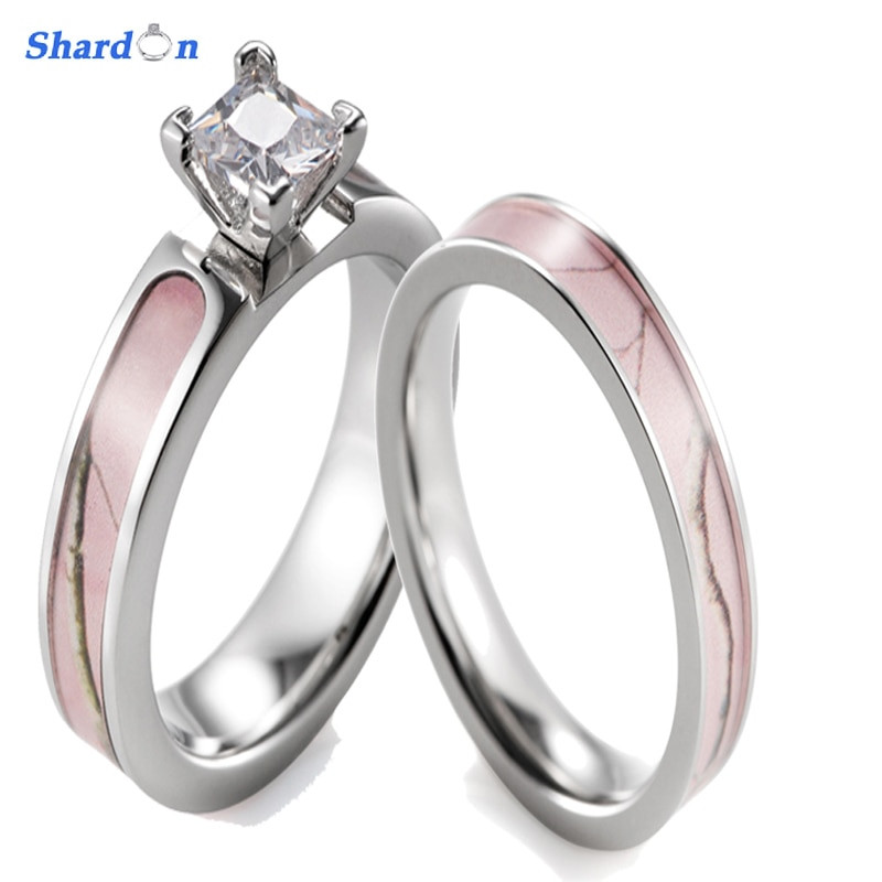 Pink Camo Wedding Ring Sets
 SHARDON Pink Camo Ring Set Women Titanium 4 Prong Setting