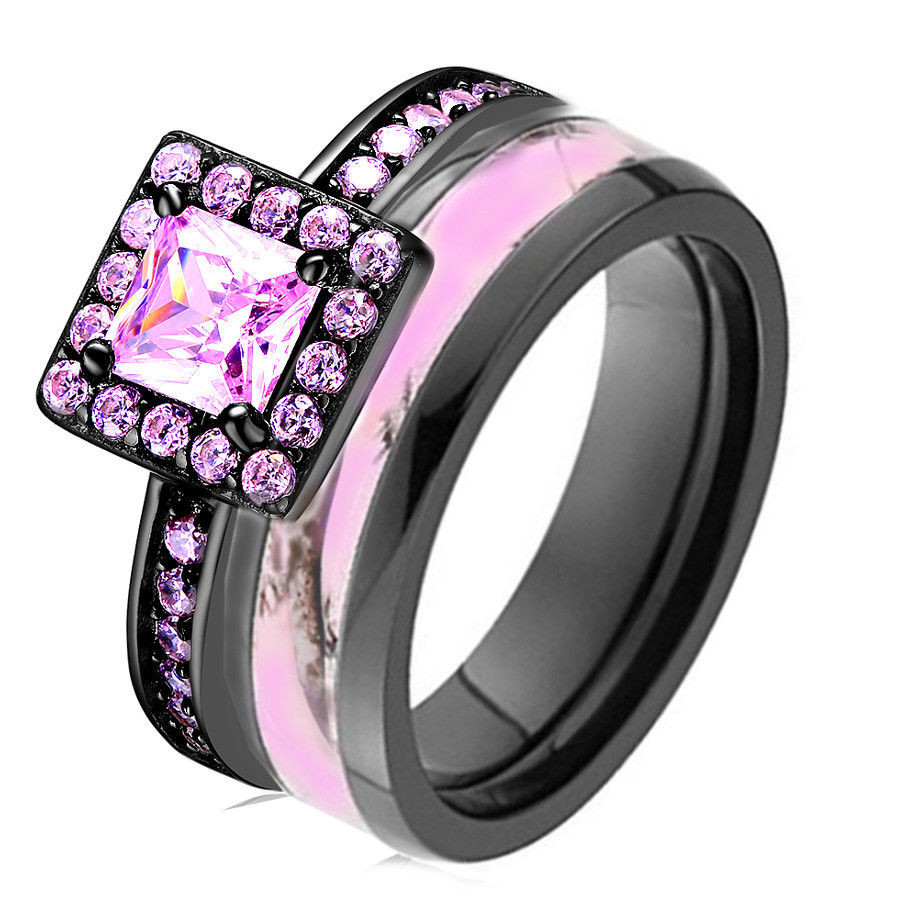Pink Camo Wedding Ring Sets
 Pink Camo Black 925 Sterling Silver & Titanium Engagement