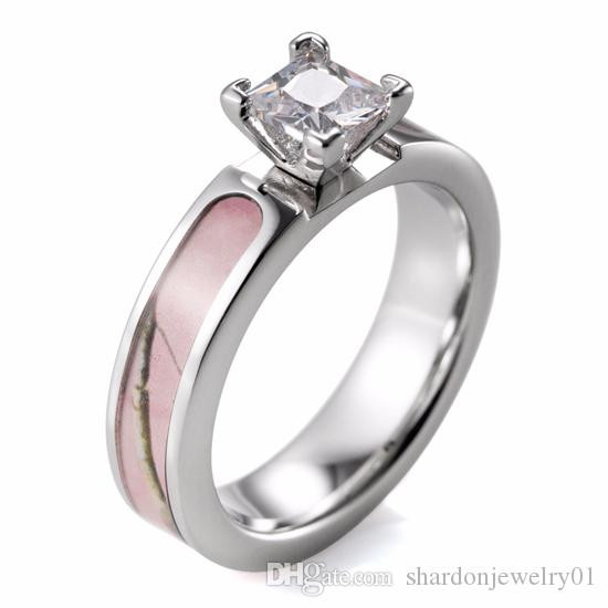 Pink Camo Wedding Ring Sets
 2019 SHARDON Pink Camo Ring Set Women Titanium 4 Prong