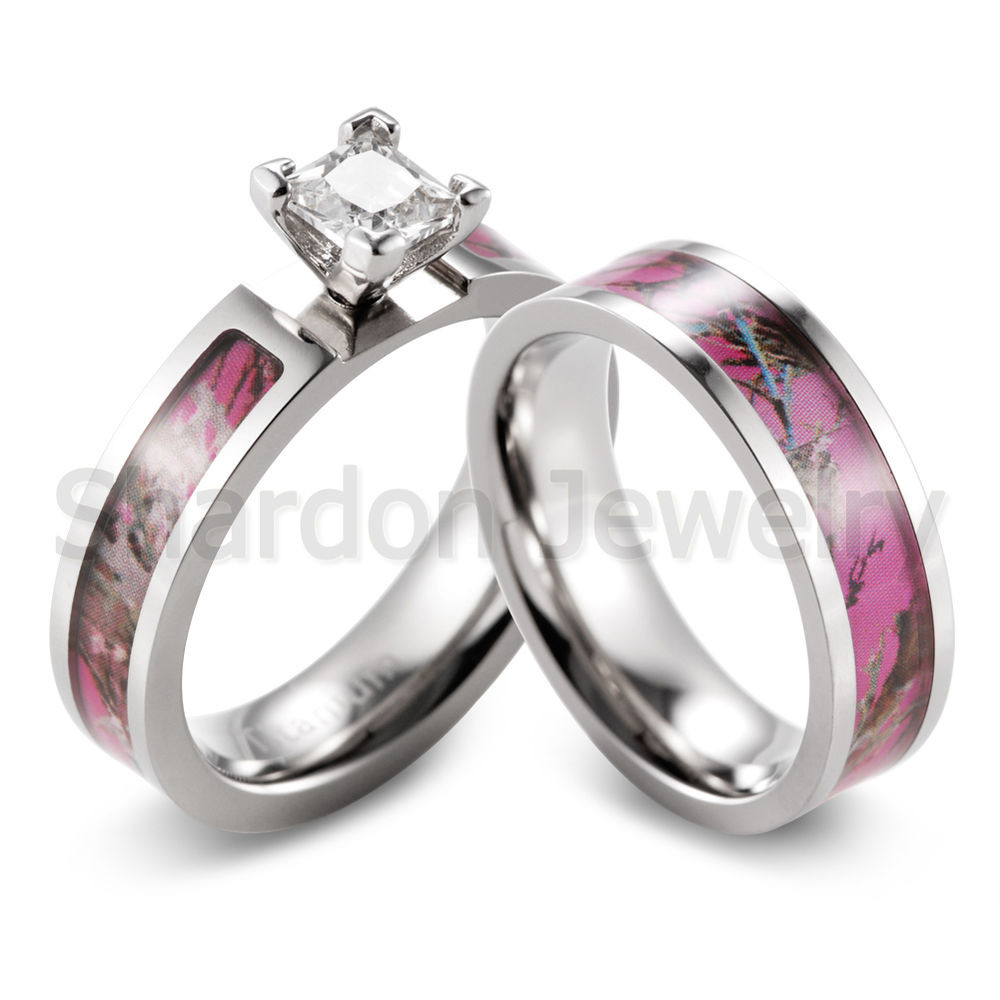 Pink Camo Wedding Ring Sets
 Pink Muddy Tree Camo Ring CZ Prong setting engagement