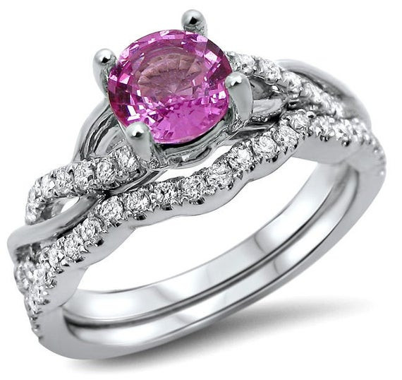 Pink Diamond Wedding Rings
 1 23ct Round Pink Sapphire Diamond Engagement Ring Bridal Set
