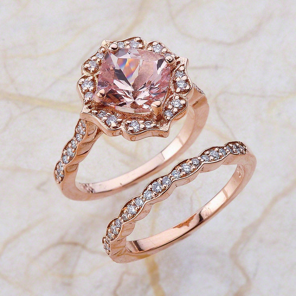 Pink Diamond Wedding Rings
 Vintage Bridal Set Morganite Engagement Ring and Scalloped