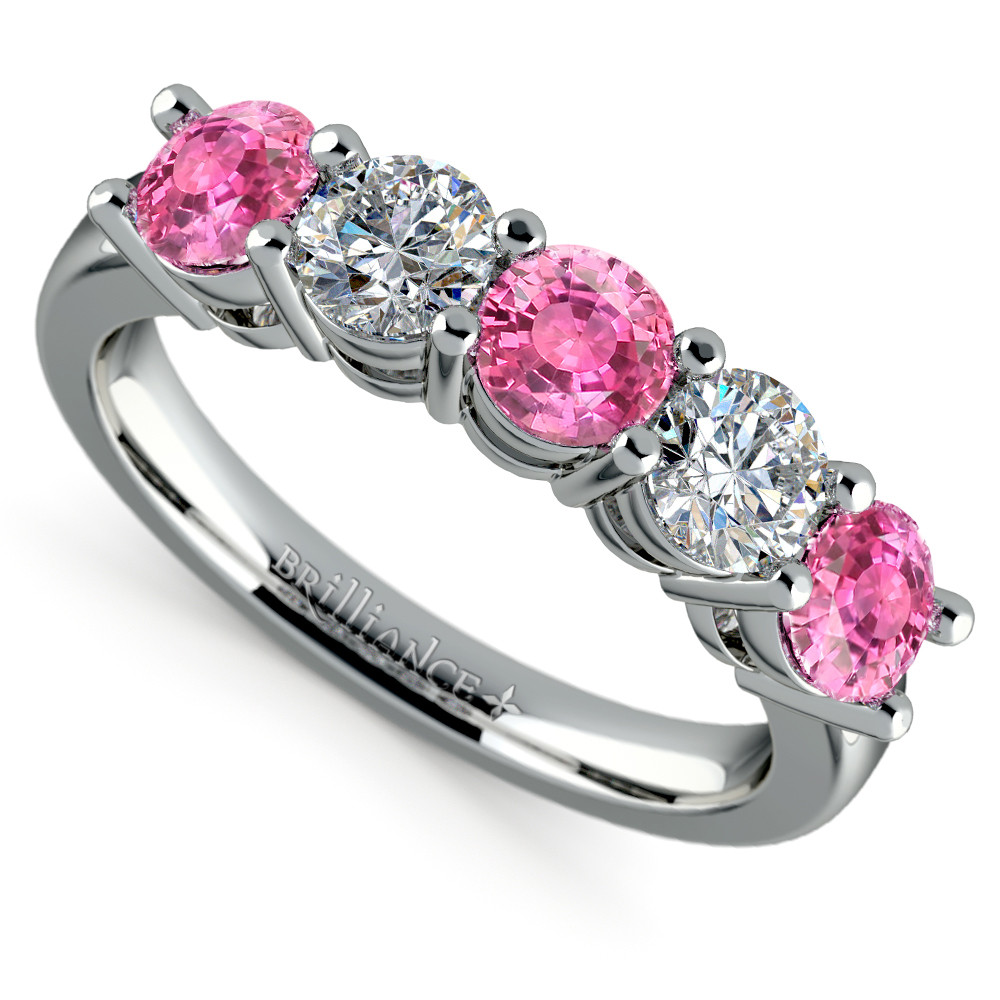 Pink Diamond Wedding Rings
 Five Pink Sapphire & Diamond Wedding Ring in White Gold 1