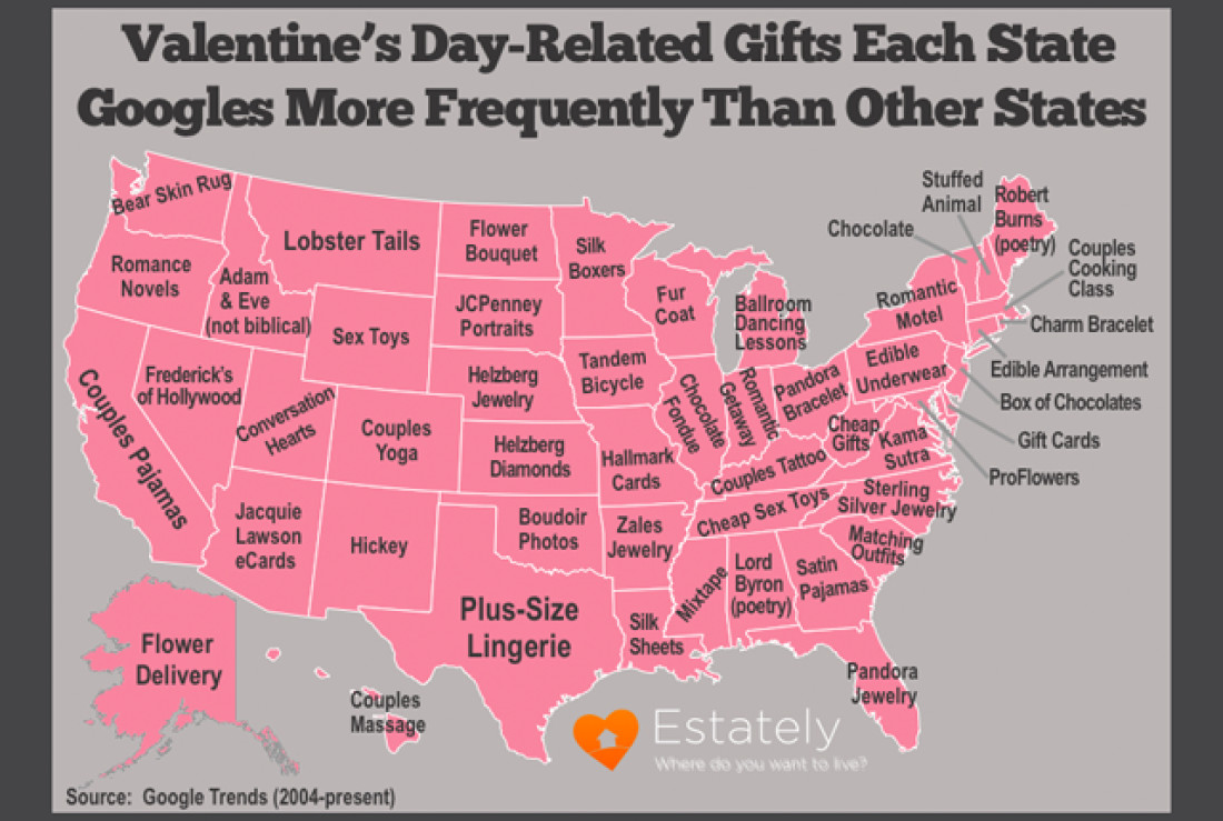 Popular Valentines Day Gifts
 Most Popular Valentine s Day Gift Searches Per State