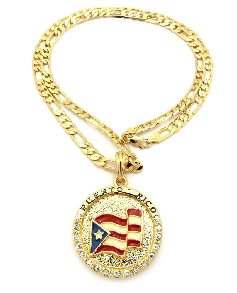 Puerto Rican Necklace
 NEW ICED OUT PUERTO RICO FLAG PENDANT 5mm 24" FIGARO CHAIN