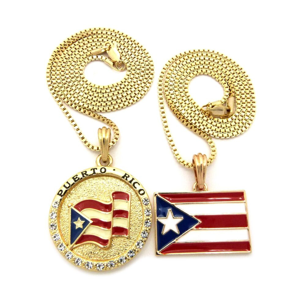 Puerto Rican Necklace
 New Iced Out Puerto Rico Flag Pendant &2mm 24"&30" Box