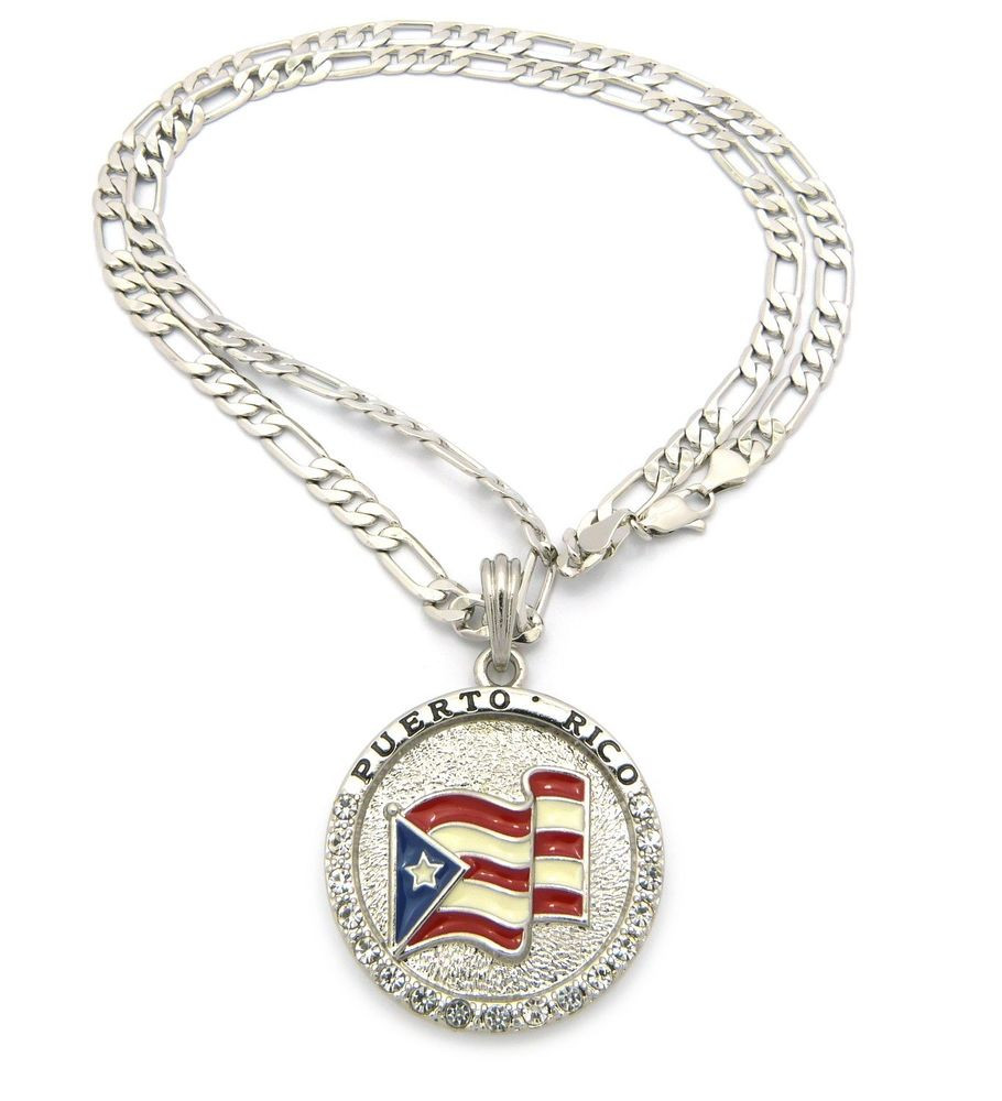 Puerto Rican Necklace
 New Iced Out Puerto Rico Flag Pendant &5mm 24" Figaro
