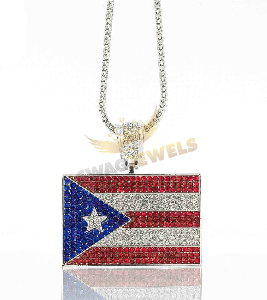 Puerto Rican Necklace
 Iced Out Silver PUERTO RICO FLAG Pendant Necklace 30 36