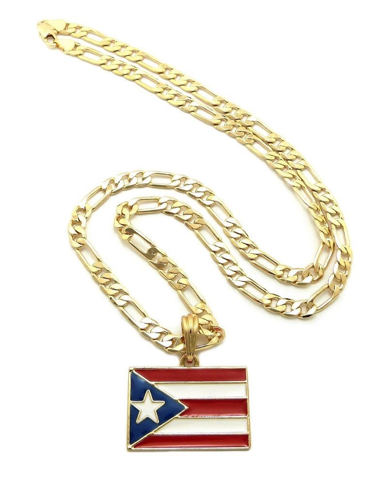 Puerto Rican Necklace
 New PUERTO RICO FLAG Pendant 5mm 24" Figaro Chain Hip Hop