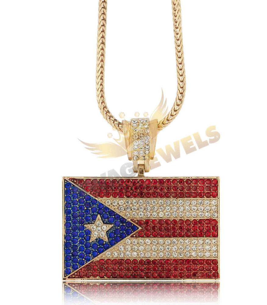 Puerto Rican Necklace
 Iced Out Gold PUERTO RICO FLAG Pendant Necklace 30 36