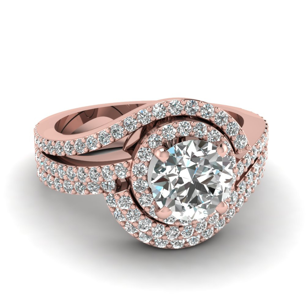 Rose Gold Wedding Ring Sets
 Swirl Round Diamond Halo Wedding Ring Set In 14K Rose Gold