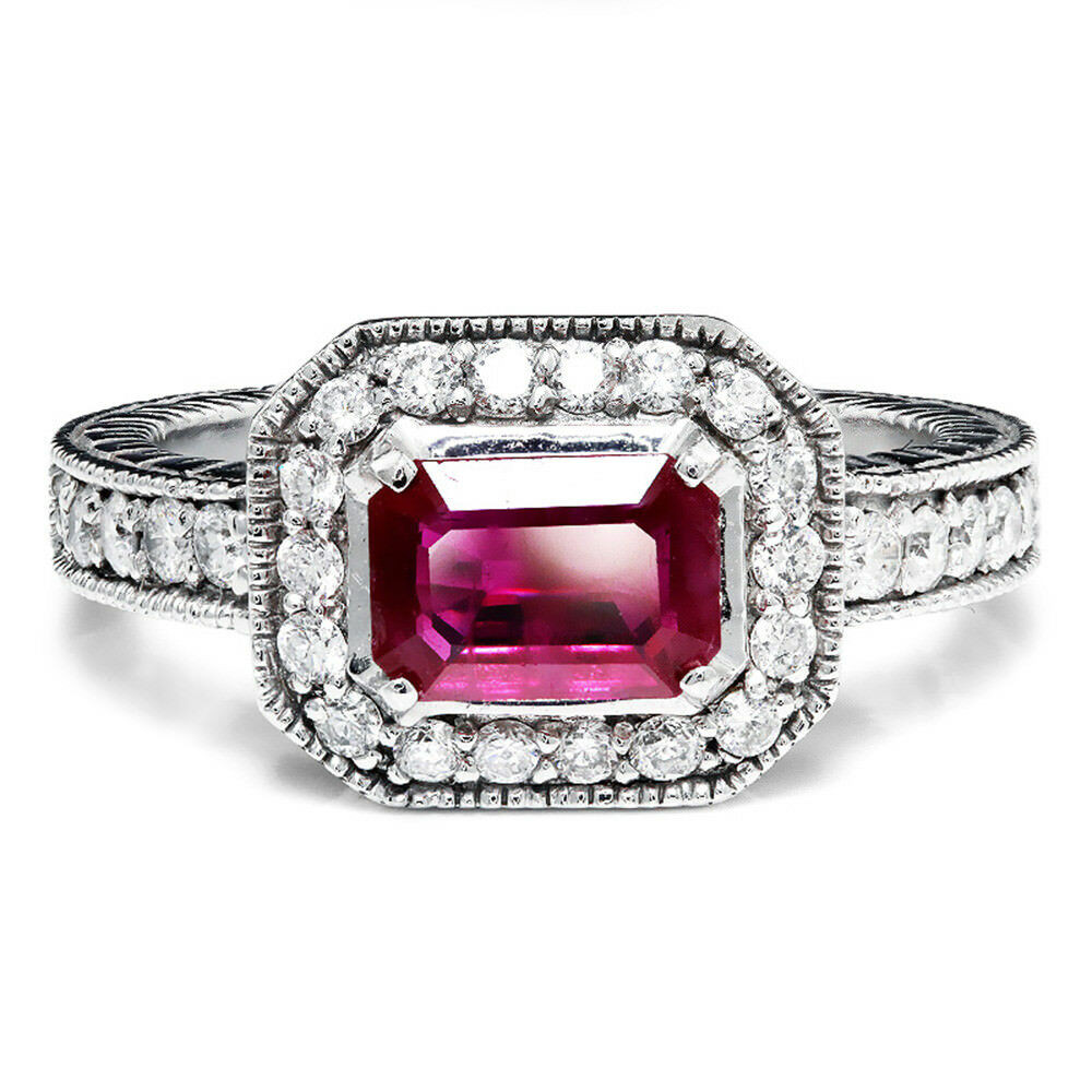Ruby Diamond Rings
 Sideways Set Ruby & Diamond Halo Style Engagement Ring 14K