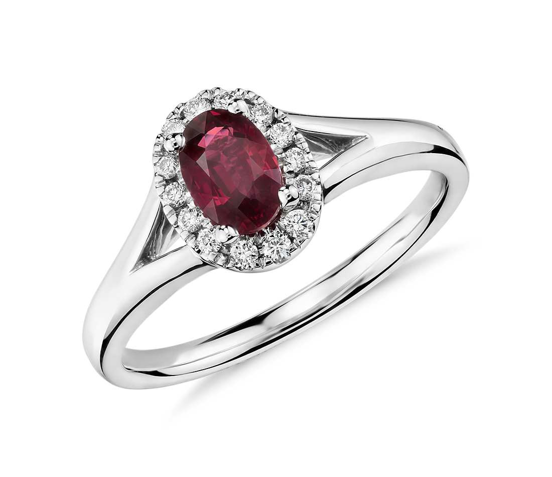 Ruby Diamond Rings
 Oval Ruby and Diamond Halo Ring in 18k White Gold 6x4mm