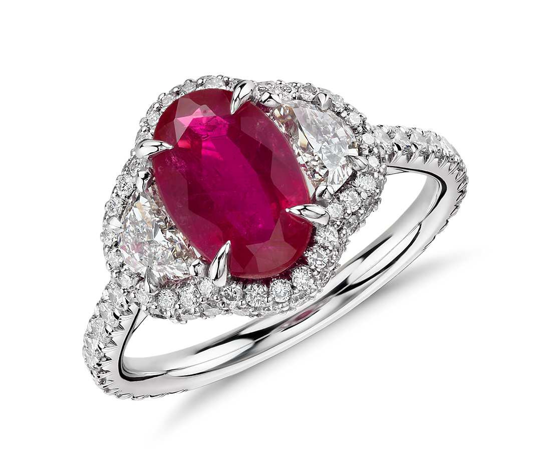 Ruby Diamond Rings
 Ruby and Half Moon Diamond Halo Ring in Platinum and 18k