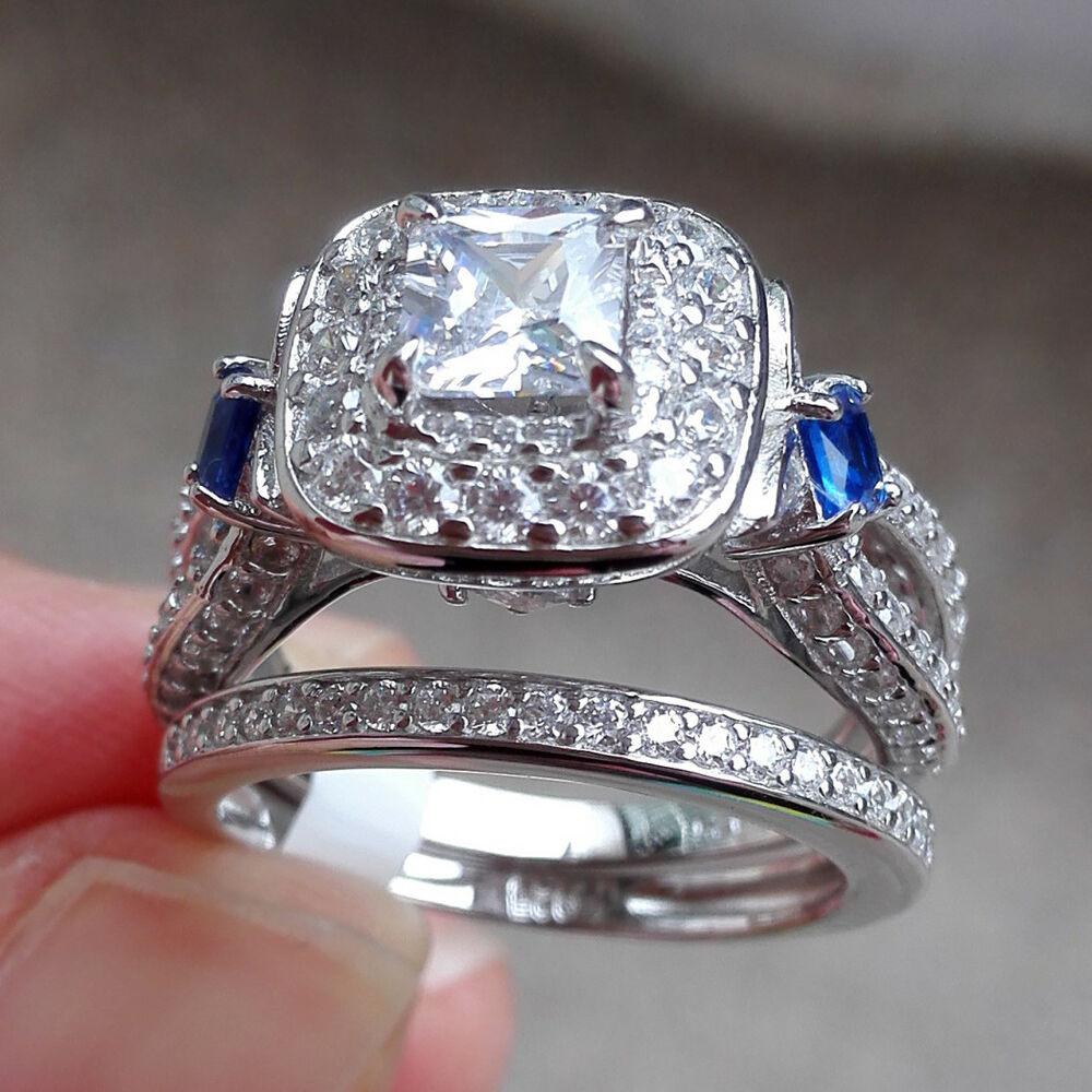 Sapphire Wedding Ring Sets
 2ct Princess Blue Sapphire 925 Sterling Silver Engagement