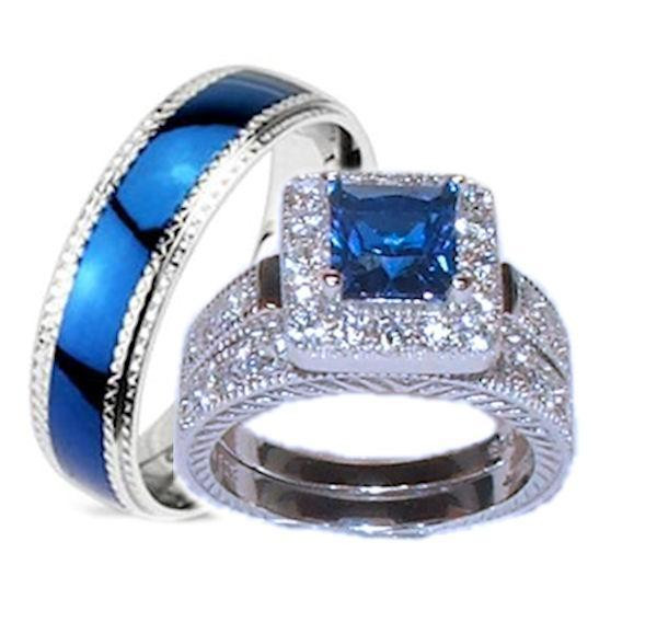 Sapphire Wedding Ring Sets
 His Hers 3 Piece Wedding Ring Set Sapphire Blue Cz