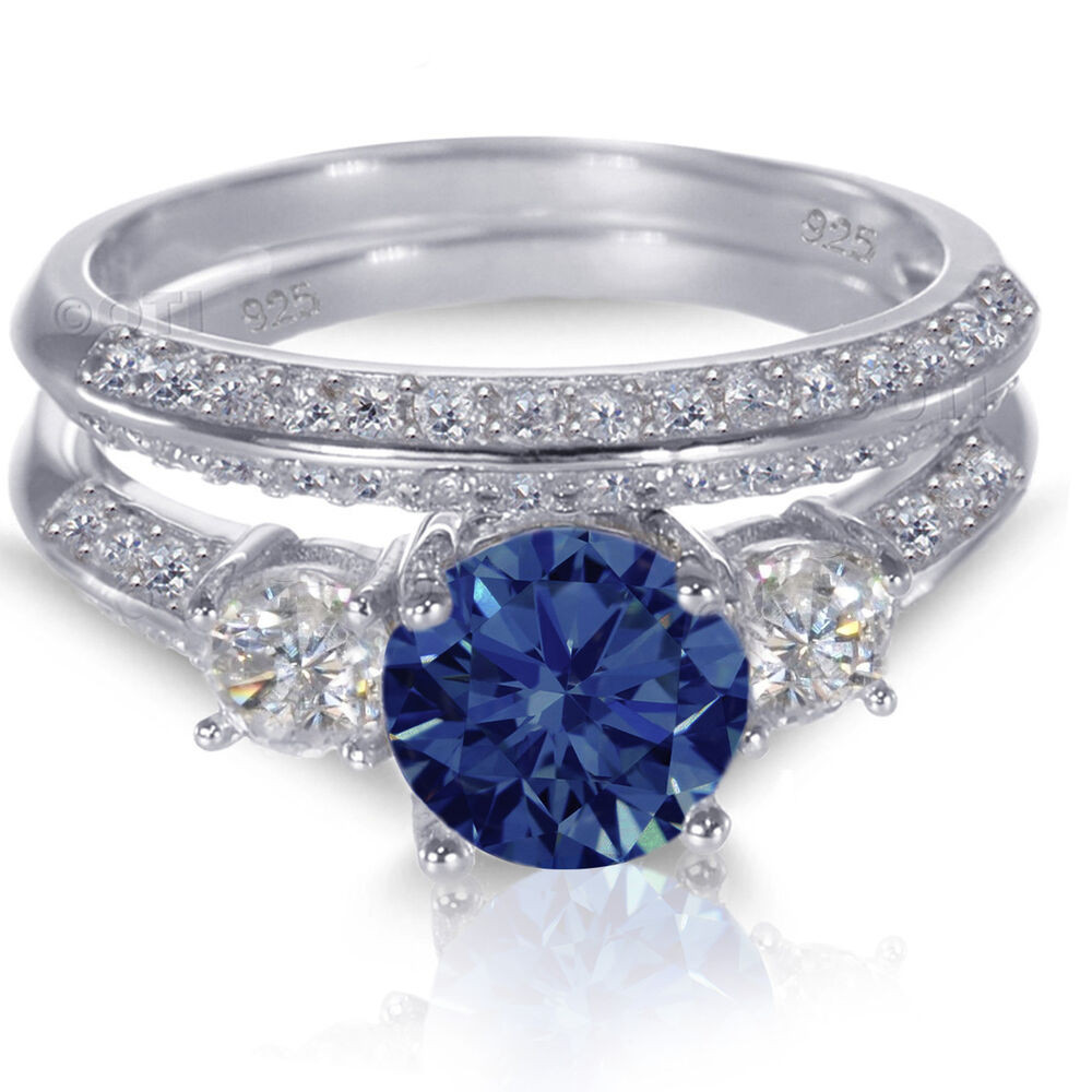 Sapphire Wedding Ring Sets
 White Gold Sterling Silver Brilliant Blue Sapphire Wedding