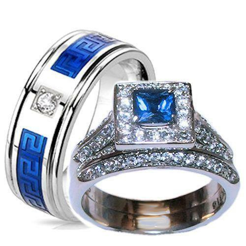 Sapphire Wedding Ring Sets
 His and Hers Weddings Ring Halo Sapphire Blue Clear Cz