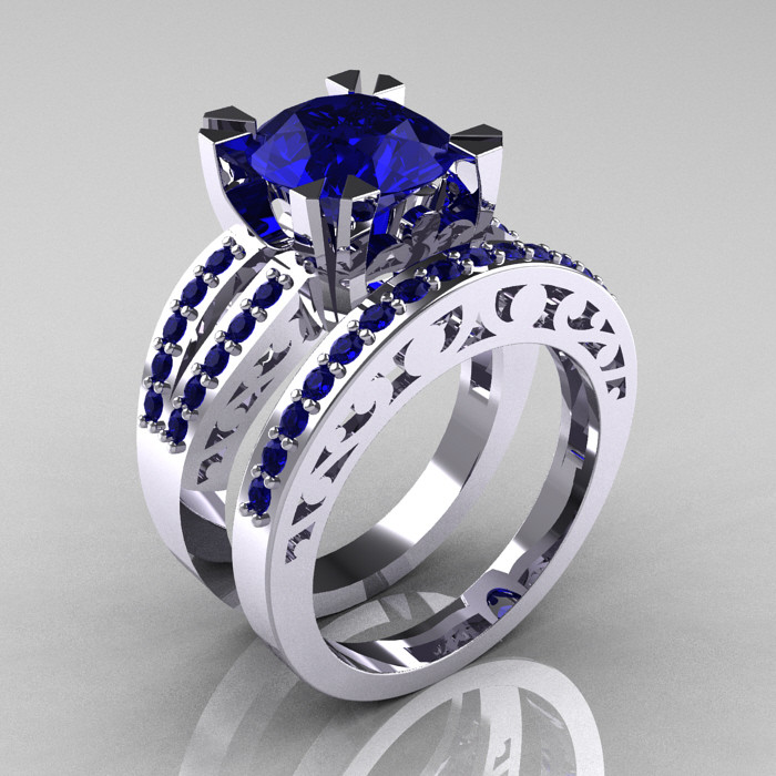 Sapphire Wedding Ring Sets
 Modern Vintage 14K White Gold 3 0 Carat Blue Sapphire
