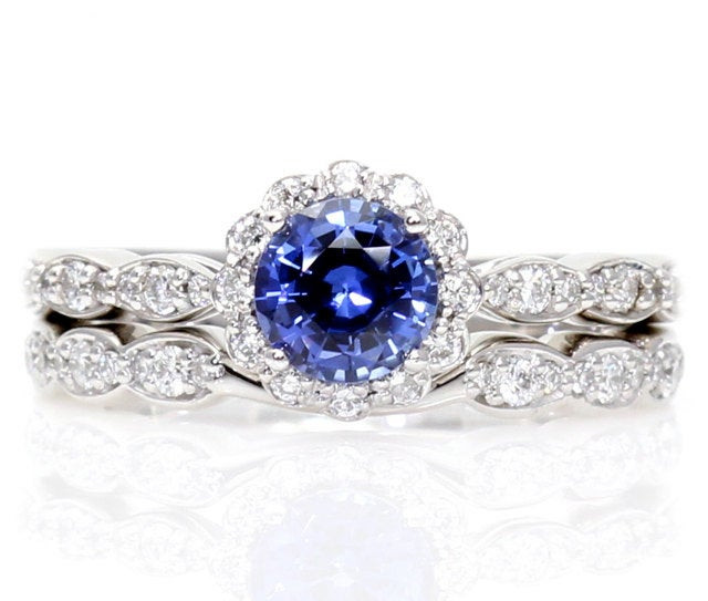 Sapphire Wedding Ring Sets
 Palladium Blue Sapphire Engagement Ring Wedding Set by