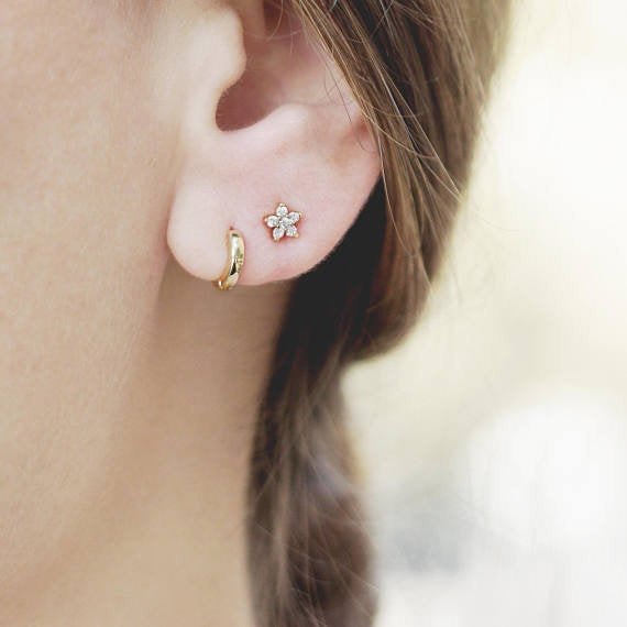 Second Hole Earrings
 Tiny Flower Stud Earring Small Diamond Earring Dainty