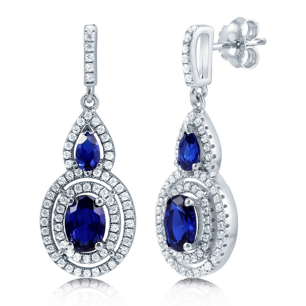 Silver Drop Earrings
 BERRICLE 925 Silver Oval Simulated Blue Sapphire CZ Halo