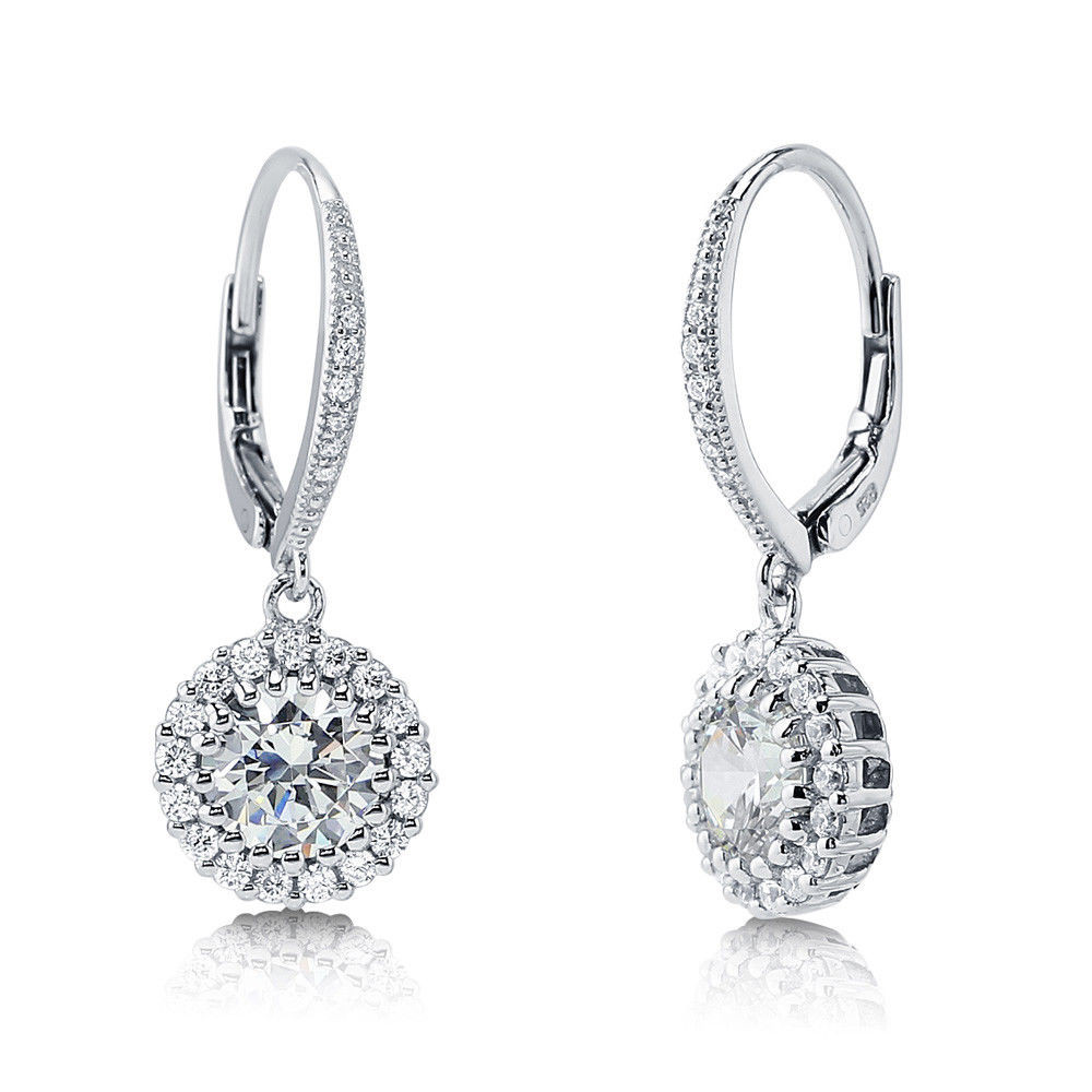 Silver Drop Earrings
 BERRICLE Sterling Silver Round Cut CZ Halo Leverback