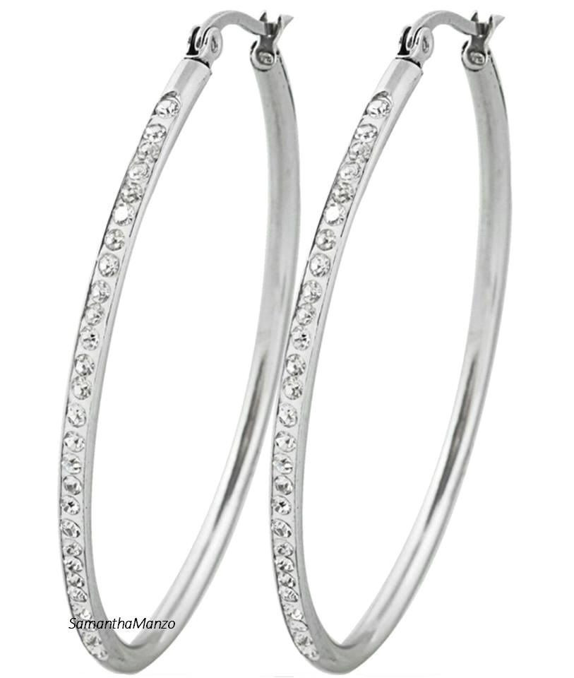 Stainless Steel Hoop Earrings
 Pave Set Crystal OVAL Shiny Silver Stainless Steel Hoop